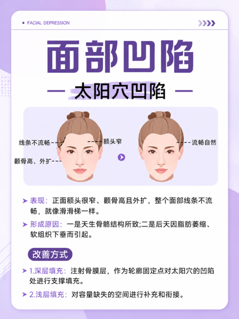 参考原图风格，重新生成面部凹陷科普海报，调整排版和背景，将主色调改为紫色，保留原图所有文字内容和对比图示结构预览效果