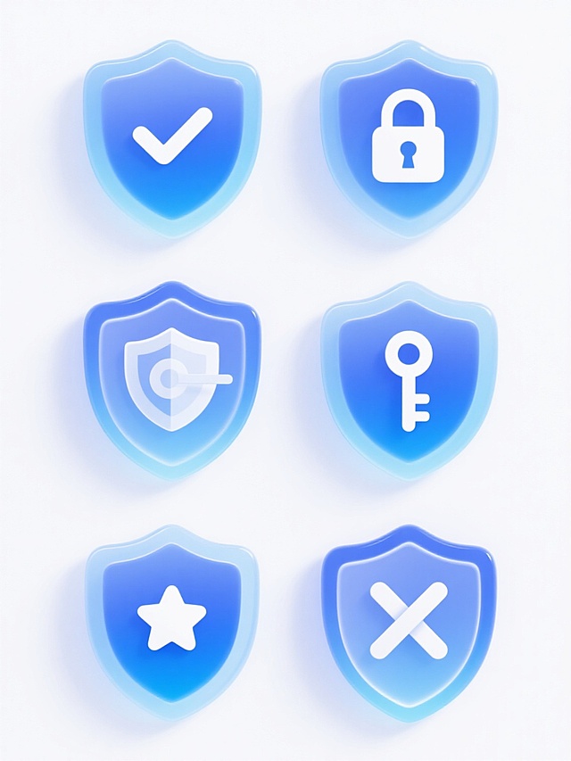 白色背景上，六个完全不同元素内容的盾牌图标系列素材集合规整排布，每个盾牌保持相同的半透明蓝色渐变玻璃质感、光滑圆润的边缘、清晰的高光与阴影表现、以及外围的淡蓝色光晕效果，盾牌内部分别包含不同的核心元素：第一个盾牌内是白色对勾符号，第二个盾牌内是白色锁形图案，第三个盾牌内是白色盾牌叠加符号，第四个盾牌内是白色盾牌与钥匙组合图标，第五个盾牌内是白色盾牌与星星图案，第六个盾牌内是白色盾牌与盾牌交叉图形，整体设计风格统一，视觉层级清晰，信息传达高效，具有现代感的图标设计美学。