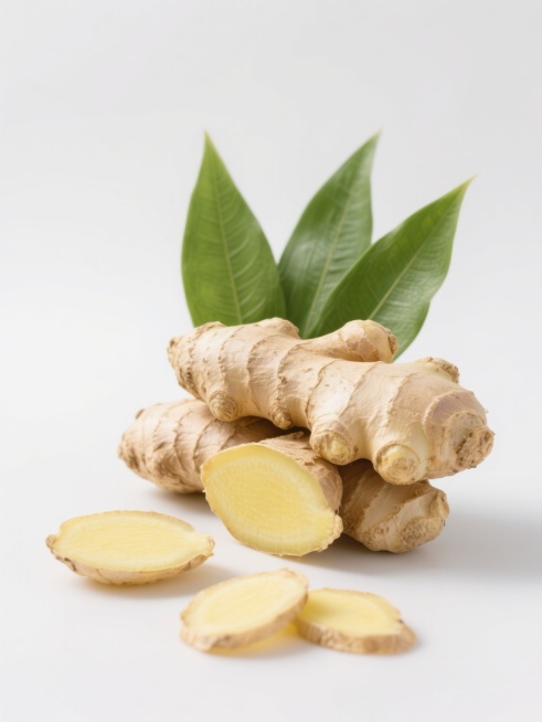 高清摄影风格，新鲜生姜特写，堆叠的完整生姜块与切片，生姜表皮呈自然浅棕色带纹理，切面为明亮的淡黄色，质地细腻，3-4片姜片散落在生姜块前方，后侧有3片翠绿的生姜叶，叶脉清晰，整体光线明亮柔和，高对比度，突出生姜的新鲜质感和立体感，纯白色背景，无阴影，主体清晰突出，色彩真实还原，细节丰富。预览效果