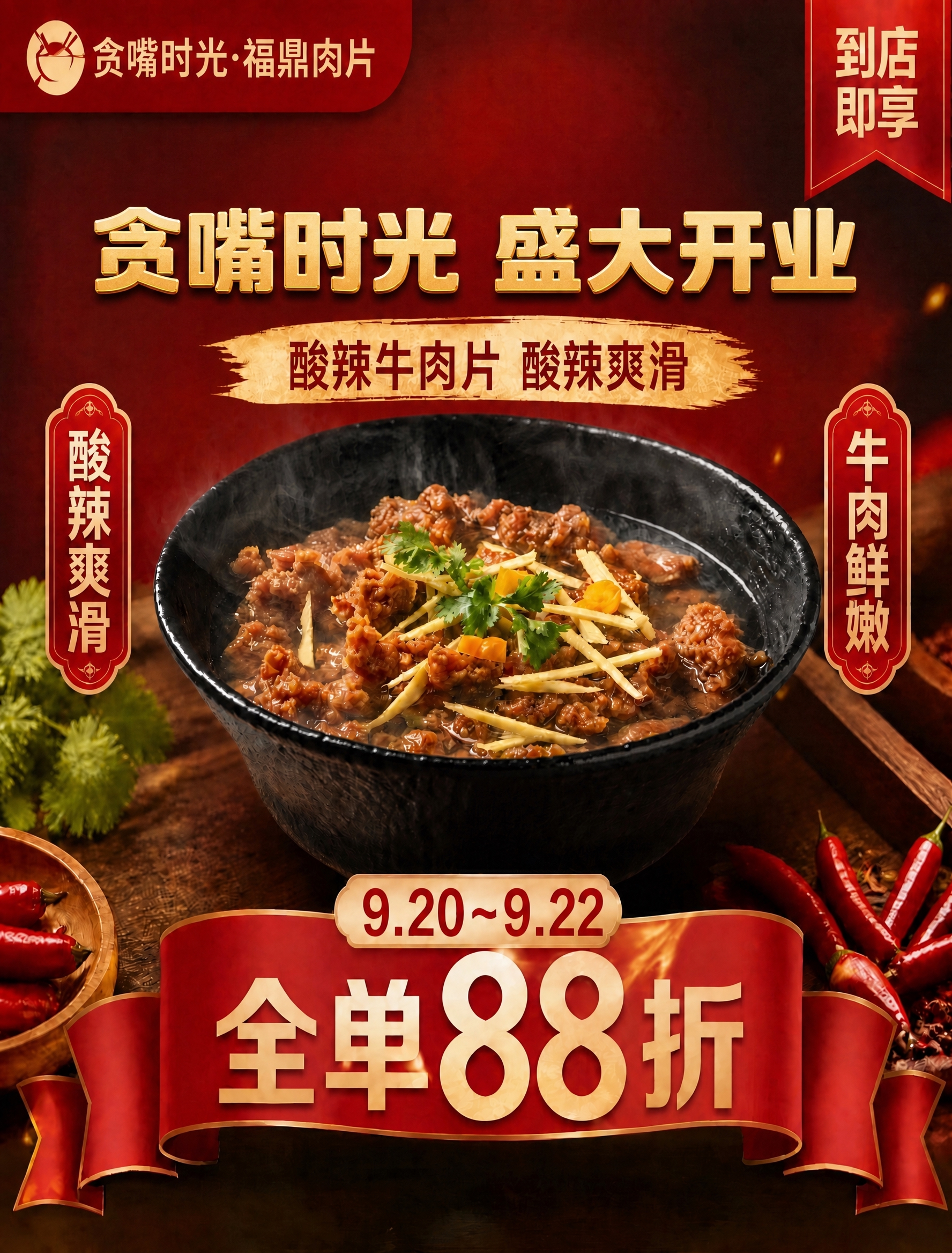 基于这张开业海报进行修改：将主标题“贪嘴时光 盛大开业”八个字… - 图片创意预览