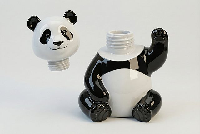 把参考图的线条转换成一个熊猫的3D陶瓷材质白酒瓶，头部可以扭开，螺旋式的开关。