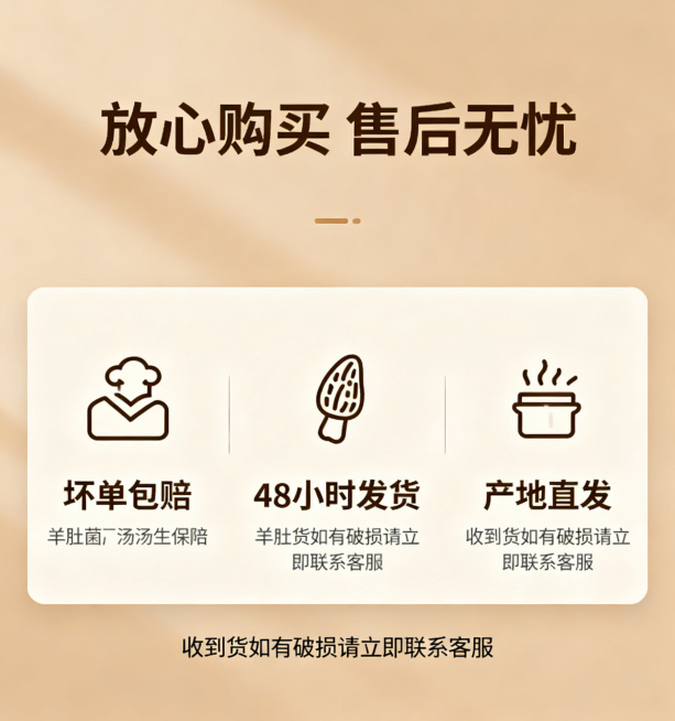 羊肚菌汤包服务保障详情页底部模块；干净简约风格；画面顶部主标题“放心购买 售后无忧”，下方横向排列3个服务板块：坏单包赔、48小时发货、产地直发，每个板块配对应简约图标和文字说明；底部添加温馨提示“收预览效果