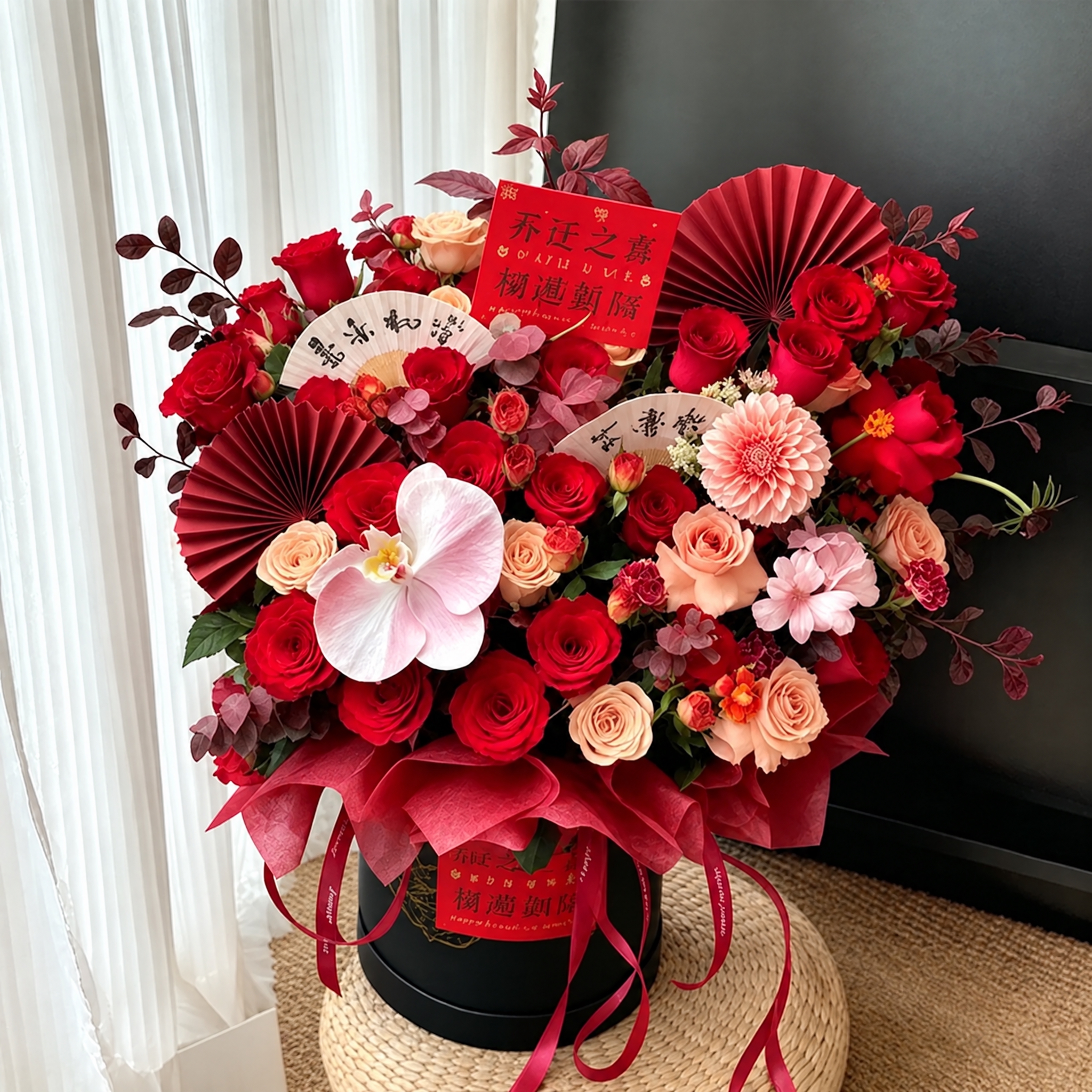 保留图1中花束的所有花朵、卡片、扇子、蝴蝶结、黑色花桶及整体造… - 图片创意预览