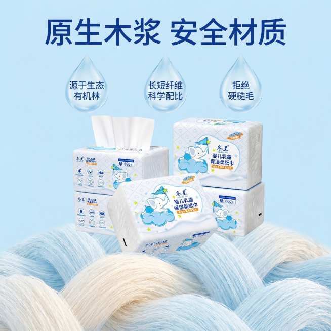 [主图 3] 材质成分展示；保持原冬兰婴儿乳霜保湿柔面巾纸产品外观不变；[氛围/风格]：母婴级柔感治愈风，纯净安全；[画面元素]：产品放置在上半部分，下方展示原生木浆纤维材质细节，微距放大展示柔润纤维预览效果