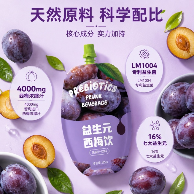 [主图-2] 益生元西梅饮核心成分卖点展示主图
[氛围风格] 清新干净专业感，突出产品原料优势
[画质] 商业摄影质感，光线柔和通透，产品清晰真实，画面干净高级
[元素] 中心摆放一袋益生元西梅饮，周预览效果