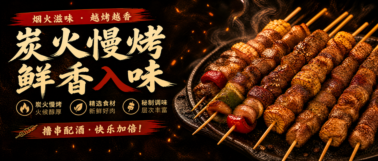 修改这张烧烤海报尺寸为720x240像素，保留所有文字和画面内容，调整构图适配新尺寸，保持暖棕色炭烤风格不变预览效果