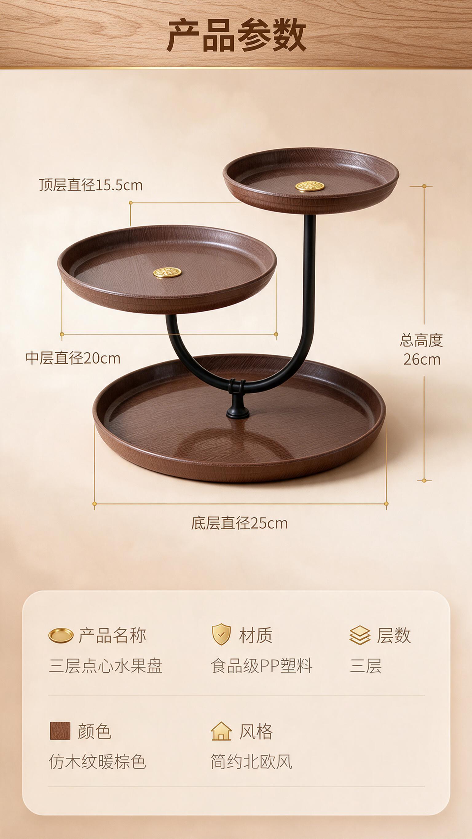 [商品] 使用【图1】家用三层仿木纹点心水果盘；保留三层圆形托… - 图片创意预览
