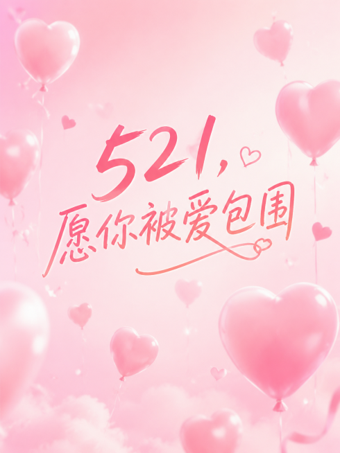 521纯祝福海报，无产品，主题文字“521，愿你被爱包围”，粉色渐变背景搭配飘散的气球，温柔浪漫祝福风格，保持和上一张一致预览效果