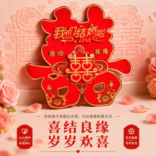 [主图-5] 立体双喜门贴寓意总结与情感营销
[氛围风格] 甜蜜喜庆，传递婚嫁美好祝愿，促进下单转化
[画质] 商业摄影质感、光线柔和通透、产品清晰真实、画面干净高级
[元素] 立体双喜门贴整体斜放在预览效果