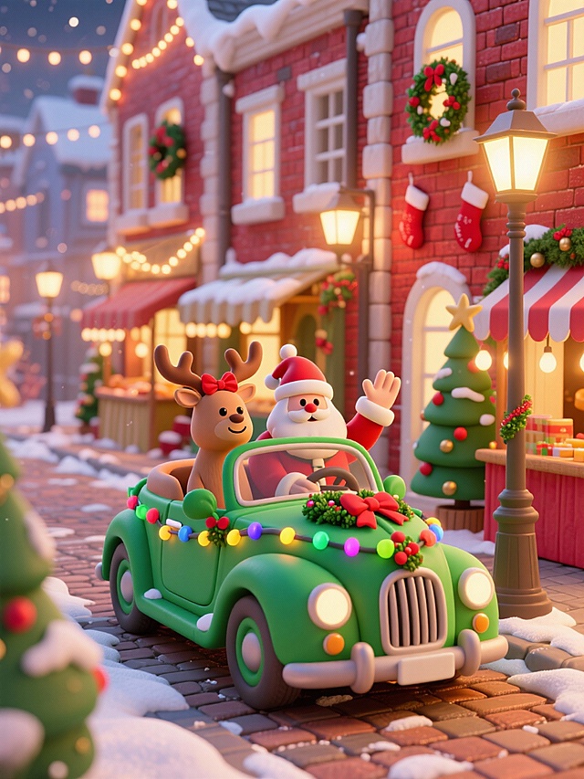 一辆绿色复古敞篷轿车（车上坐着开着车拟人的带着红蝴蝶结的小鹿和挥手的圣诞老人），车身装饰圣诞花环与彩色灯带。地面为铺着砖石的欧式圣诞小镇街道（两侧有积雪边缘），背景为挂满圣诞装饰的欧式建筑（红砖墙、白色窗棂、悬挂圣诞袜与花环），搭配复古路灯（亮暖灯）、街边圣诞树与市集摊位剪影。热闹圣诞小镇风格，温馨欢快氛围，画面色调以绿、红、砖红、暖金为主。
