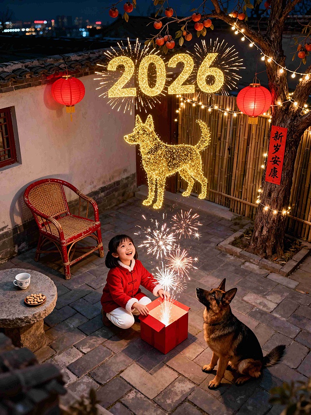 小院是青灰砖铺地，靠墙摆刷朱红漆的旧藤椅，藤椅旁石桌放白瓷茶杯、一小盘花生；院角老枣树下挂两盏红纸糊圆灯笼，树干贴手写 “新岁安康” 春联；院门口竹篱笆缠细串灯，串灯光裹枣树枝，风晃灯笼穗子轻摆。小孩穿枣红盘扣棉服+白色棉裤，露出正面全脸笑容灿烂。