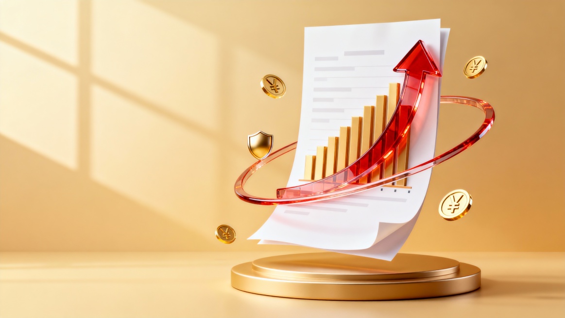 海报主图，右侧主体有长长的大大的折叠插画白色文件纸，文件上有逐渐升高的柱状图，有红色玻璃质感低升高弯曲的上升箭头环绕主体文件，箭头比较由细到粗，周围随机漂浮虚化的金币¥和一个圆润的小盾牌元素，淡金色渐预览效果