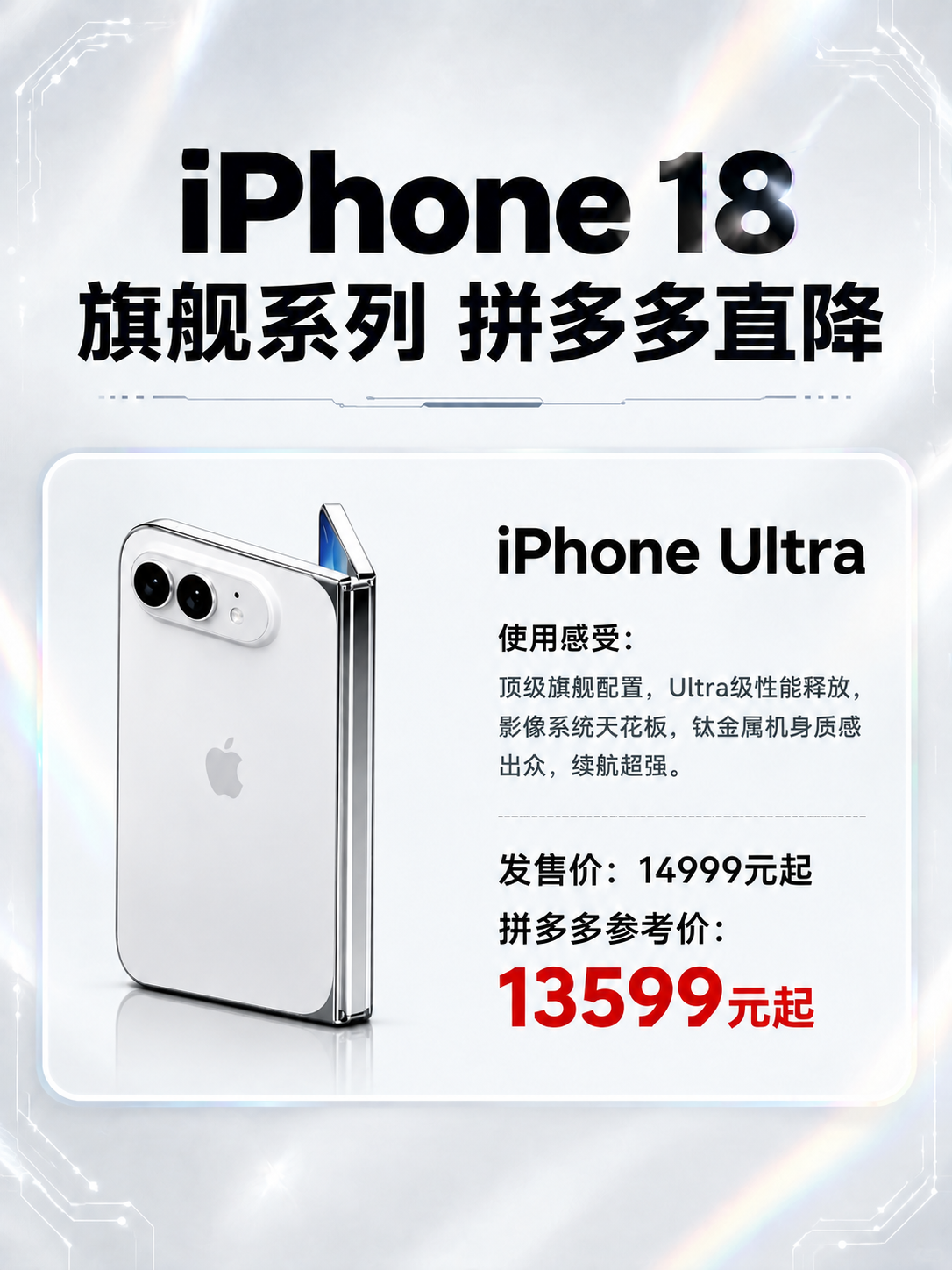 将第一张海报卡片左侧的手机商品替换为第二张图中的白色苹果折叠屏… - 图片创意预览