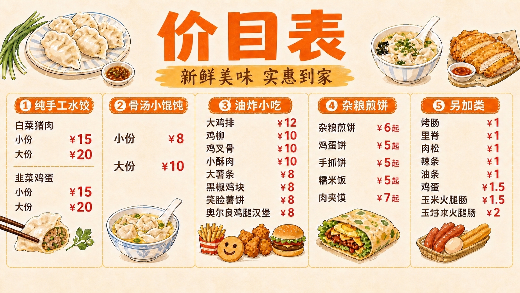 将这张价目表第⑤栏另加类中最后一项的“玉王夫火腿肠”修改为“王… - 图片创意预览