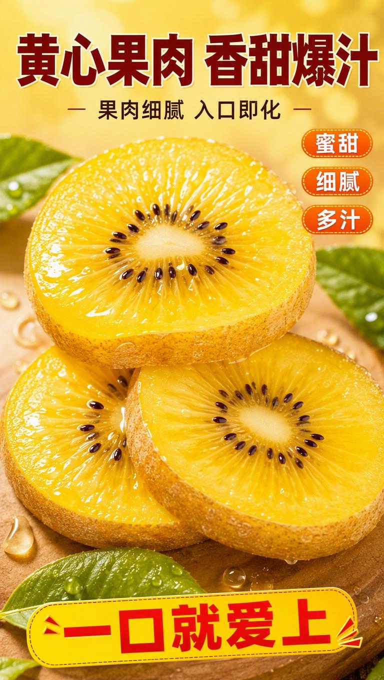 [商品] 使用【图1】西峡阳光金果黄心猕猴桃；保留黄心果肉、黑… - 图片创意预览
