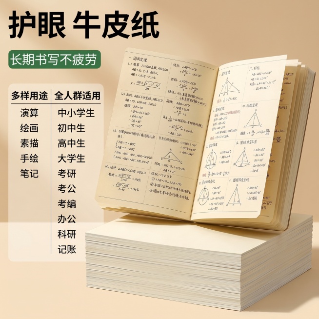 [单张主图] 分区护眼草稿纸，多用途多人群卖点主图，风格参考参考图温馨实景风，保持米黄色调与前两张主图一致。画面主体翻开一本打开的分区草稿本，页面上有清晰数学演算笔记，展示书写效果，草稿本下方堆叠一叠预览效果