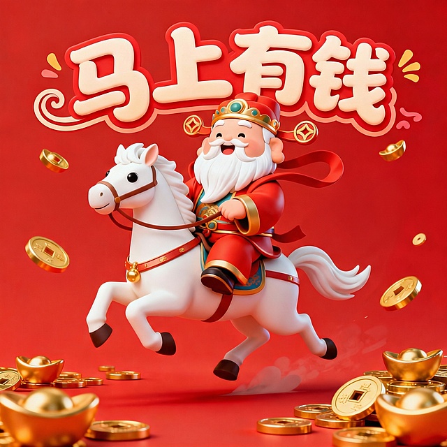 软3D风国潮设计，财神骑白马奔腾，金币飞舞，喜庆感十足，寓意“马上有钱”，融合粘土质感与鎏金元素，立体生动。