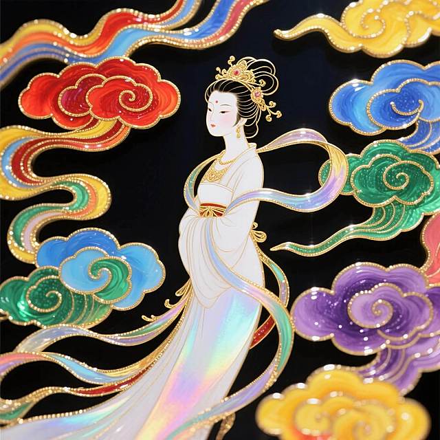 嫦娥侧面全身元素，五彩祥云围绕在嫦娥周边