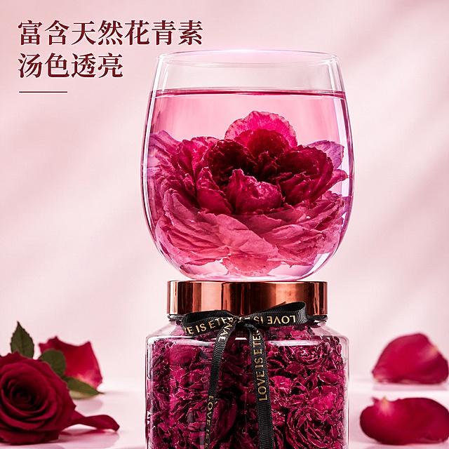 [主图-3] 冻干墨红玫瑰冲泡效果展示主图，突出产品饮用体验。
[氛围风格] 通透自然，展示产品饮用后的美感，突出花青素含量；
[画质] 商业摄影质感、光线柔和通透、产品清晰真实、画面干净高级。
[元素] 画面中心放置高硼硅玻璃水杯，杯中泡开一朵完整的墨红玫瑰花，汤色呈现自然粉紫色，清晰展示花青素析出后的漂亮色泽，花瓣舒展形态参考产品图细节；画面下方放置完整产品瓶身，保持玻璃瓶、铜色瓶盖、黑色丝带外观与输入产品图https://1.png一致。背景浅粉渐变，整体干净通透，突出汤色和花朵美感。商品主体占比约75%。
[光影] 逆光从后方打透玻璃杯，突出汤色通透感和花瓣自然纹理，光线柔和不刺眼。
[配色] 浅粉色背景，粉紫色茶汤，酒红色花瓣，色彩温柔通透。
[视角构图] 中心构图，平视视角，突出水杯冲泡效果。
[文字版式] 左上角浅色文字标注"富含天然花青素 汤色透亮"，深红色字体对比清晰，不遮挡主体。
[输出要求] 1:1比例，文字清晰可辨，超高清商业摄影质感。
[负向提示词] 变形，文字错乱，产品图模糊，背景杂乱，水印，电商平台Logo