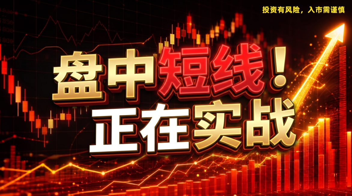 参考提供图片的红黑金金融风格，生成公众号封面图，比例16:9。右上角必须有黄色文字“投资有风险，入市需谨慎”。画面主体是两行大标题，第一行是“盘中短线！”，第二行是“正在实战”，标题为立体大字，不同关预览效果