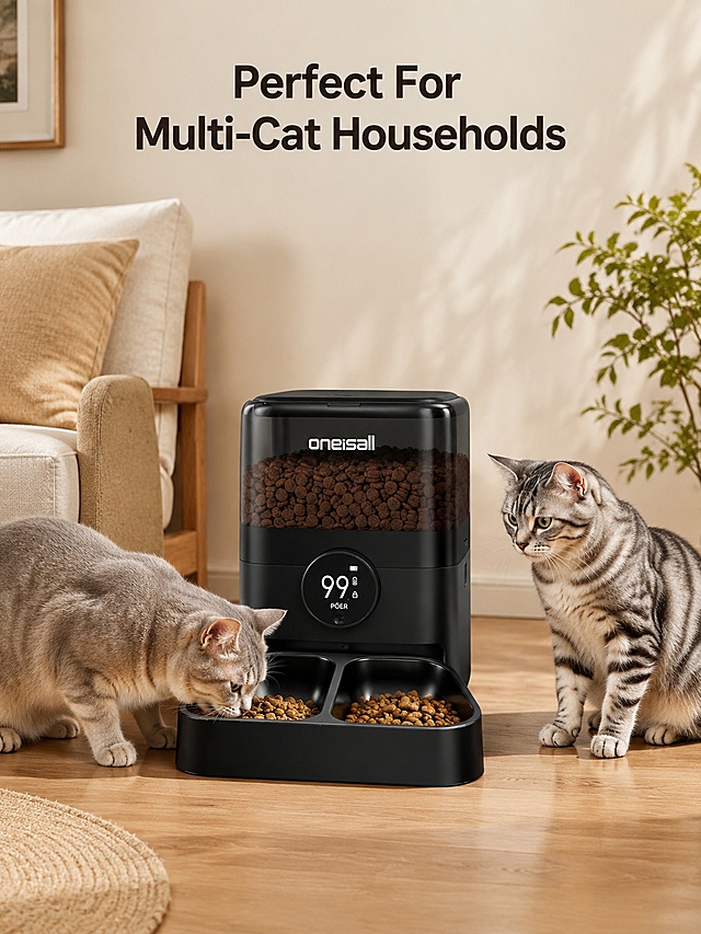 [主图-4] Real scene display - Multi-cat family using automatic pet feeder scene. This screen uses [Figure 2] as product main body. 
[氛围风格] Warm European home style, real natural atmosphere, soft light texture. 
[画质] Commercial photography texture, soft and transparent light, clear and real product, clean and advanced picture. 
[元素] The automatic feeder is placed on the wooden floor in the living room, two short-haired cats are eating around the double food bowl, one cat is eating, the other is waiting for food, the background is a light-colored wall, a small amount of green plants and sofa cushions are placed next to it, creating a warm home atmosphere. Maintain product appearance and color consistent with the input product drawing. 
[光影] Natural sunlight from the side window, soft light and shadow, warm overall picture level. 
[配色] Global background color #e8ded0; main color black feeder; auxiliary color warm wood color, cat fur neutral color. 
[视角构图] Natural living room perspective, panoramic display of the use scene, the product as the core focus. 
[文字版式] Top center title "Perfect For Multi-Cat Households", the font is clear, does not block the product and cat, all in English. 
[比例分辨率] 3:4 vertical proportion, 4k resolution, super high definition. 
[负向提示词] Product deformation, cat distortion, wrong position, text blurring, Chinese characters, watermark.