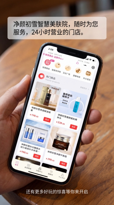 一只手拿着手机，手机屏幕上展示着上传的这个热门商品页面，图片上添加文案：净颜初雪智慧美肤院，随时为您服务，24小时营业的门店。还有更多好玩的惊喜等你来开启，生成真实自然的手机app展示效果图预览效果