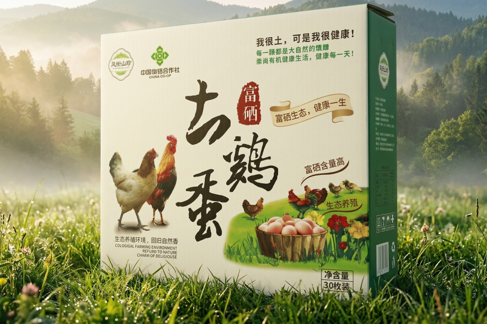 电商主图，凤衔山珍富硒土鸡蛋，30枚礼盒装，绿色原生态风格，将包装盒放置在晨雾山林草地场景，整体光线明亮自然，突出“富硒生态土鸡蛋”产品卖点，文字清晰醒目，画面高端通透适合电商平台展示预览效果