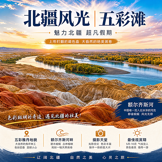 参照提供的图片版式结构，设计北疆五彩滩旅游海报，融入五彩雅丹地貌色彩，展示五彩滩与额尔齐斯河景点，中文，标题"北疆风光 | 五彩滩"，副标题"魅力北疆 超凡假期"，适合FB推广，尺寸1200px×1200px