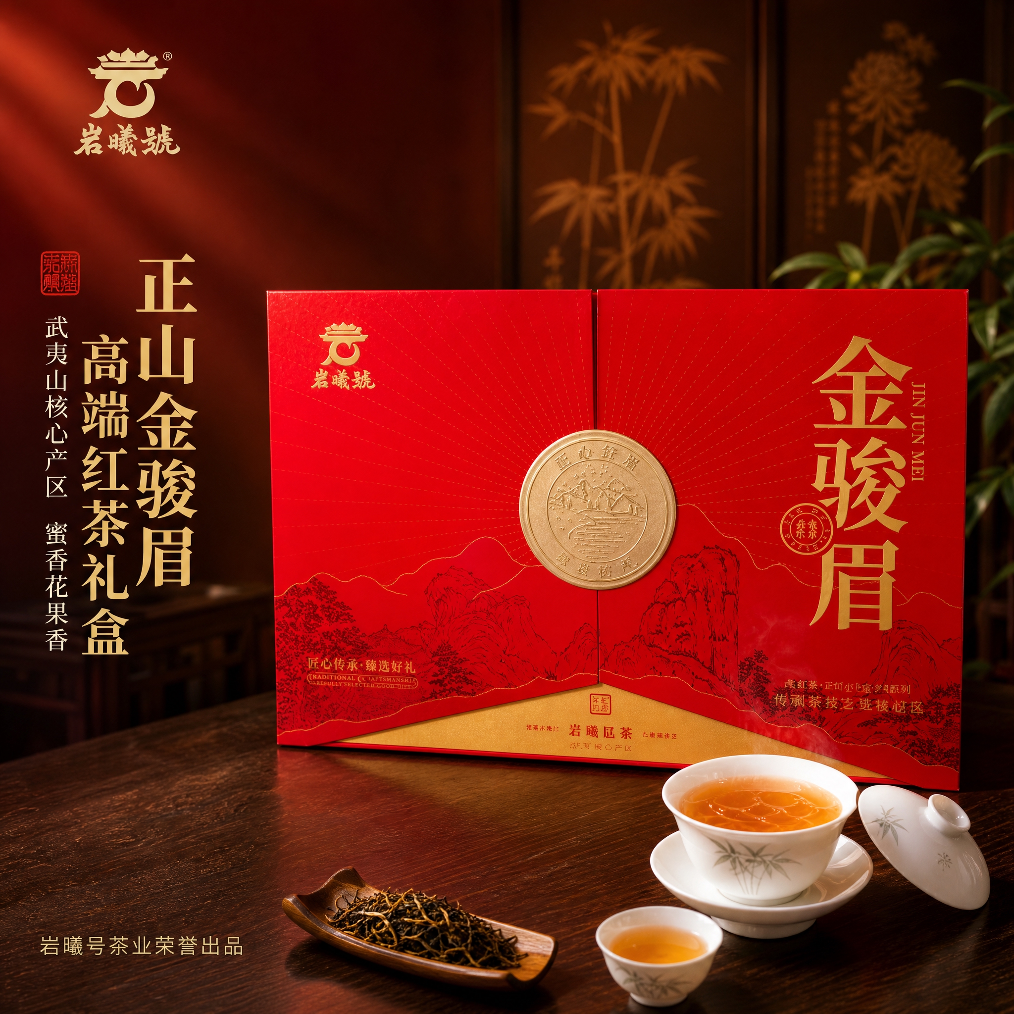基于图中的岩曦号金骏眉红色双开礼盒（正面），生成抖音电商主图第… - 图片创意预览