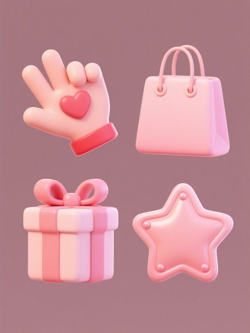 四个规整排布的3D卡通电商素材图标集合，每个图标都具有圆润饱满的造型、光滑细腻的表面质感和明亮柔和的光影效果，主色调为温暖的粉色系，搭配纯色背景。第一个图标是比心手势，手型卡通可爱，手腕处有红色袖口装饰；第二个图标是购物袋，袋身饱满，带有手提绳和简约的装饰线条；第三个图标是礼盒，方形结构，顶部系着蝴蝶结，盒身有细微的高光；第四个图标是星星形状的徽章，边缘光滑，中心有小圆圈装饰，整体风格统一且充……预览效果