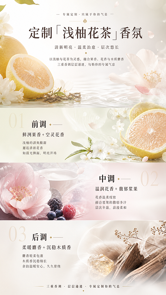 专属香氛板块，板块标题：定制「浅柚花茶」香氛 三步解锁氛围感香气，解析前调：鲜冽果香 + 空灵花香，中调：温润花香 + 馥郁浆果，后调：柔暖麝香 + 沉稳木质香。展现香氛层次，轻奢清新高级质感，淘宝电商详情页板块，比例9:16