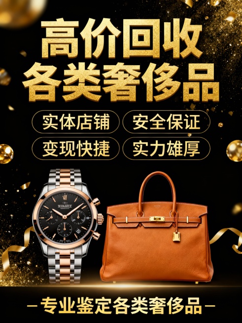帮我生成图片：这是一张奢侈品回收的宣传海报，整体风格奢华醒目，目的是吸引有闲置奢侈品变现需求的人群。整体黑金配色，上文案中图标下素材
🔍 海报核心信息
主题：“高价回收” 和 “各类奢侈品” 是核心预览效果