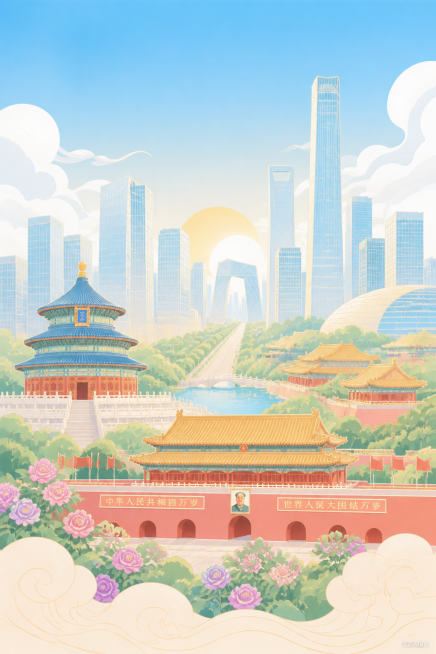 参考这张图的国潮插画风格，生成北京城市插画，融合北京传统古建筑和现代CBD地标建筑，浅蓝清新配色，暖调阳光，柔和平滑线条，国潮插画风格预览效果