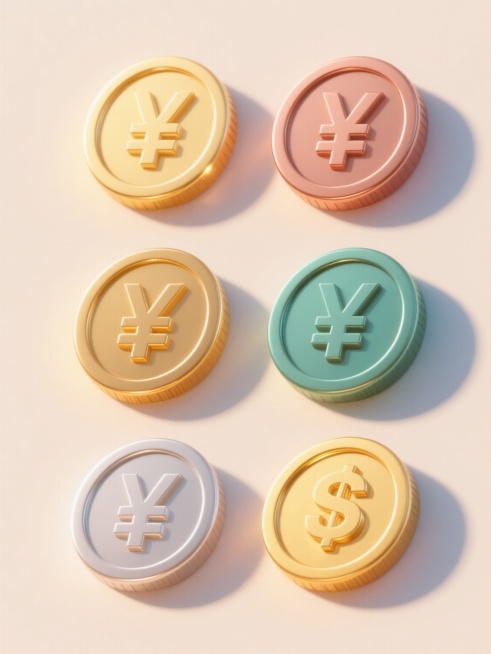 6个不同配色、不同样式、不同材质的金币造型，采用3D立体设计，具有光滑金属质感，带有明显的高光和阴影效果，每个金币上有不同的符号或图案，整体呈上下两行三列对齐排列，背景为浅色，营造出浓厚的促销氛围，视觉层次清晰，突出金币主体，设计简洁明了，信息传达高效。预览效果