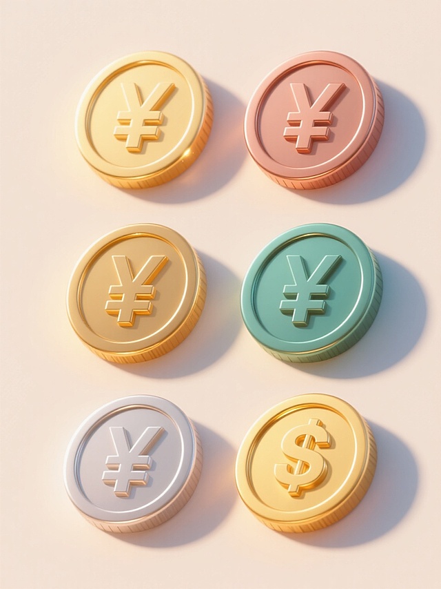 6个不同配色、不同样式、不同材质的金币造型，采用3D立体设计，具有光滑金属质感，带有明显的高光和阴影效果，每个金币上有不同的符号或图案，整体呈上下两行三列对齐排列，背景为浅色，营造出浓厚的促销氛围，视觉层次清晰，突出金币主体，设计简洁明了，信息传达高效。