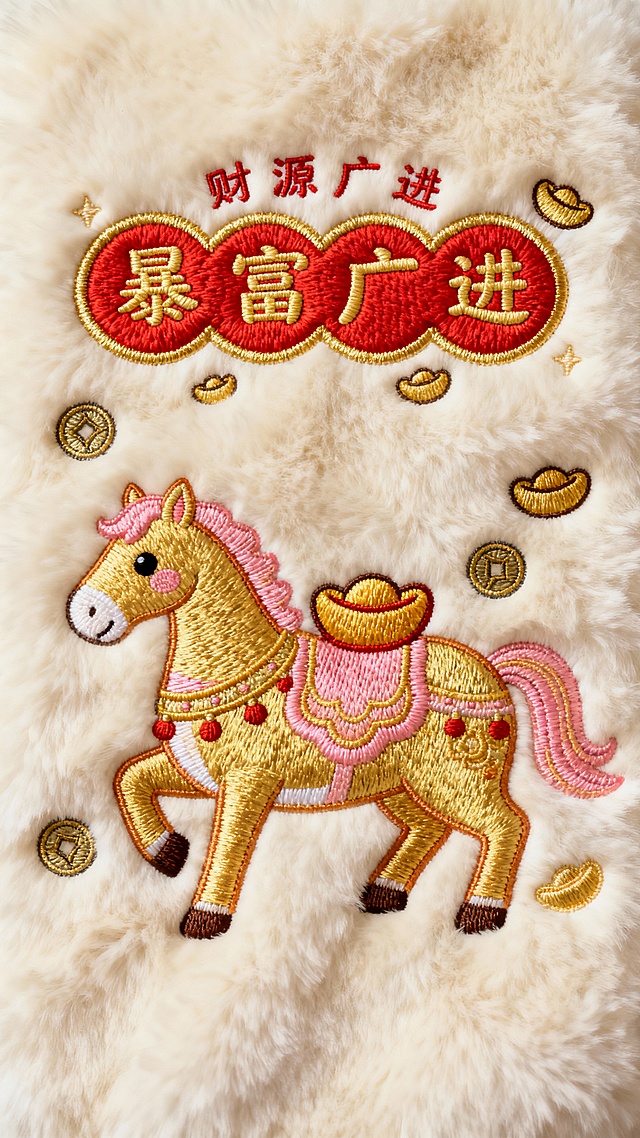 一幅以暴富为主题的毛绒质感刺绣壁纸，整体采用米白色毛绒布料为背景，主体是一只色彩鲜艳的卡通风格金色骏马，并点缀金、粉色渐变装饰，马的背上绣有元宝、铜钱等元素。上方方是红色的“暴富”二字，采用圆润可爱的字体，非书法体，边缘绣金色的轮廓线。文字周围小标题“财源广进”。点缀元宝元素。