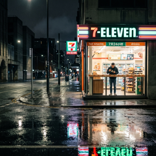 A brightly lit convenience store at 3am in an empty city street, one customer standing by the window预览效果