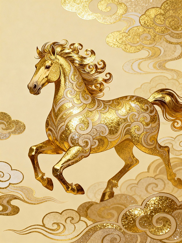 扁平风格，创作一幅中式鎏金祥云风格的奔马装饰插画，细节如下：
主体内容为通体鎏金质感的奔马（鬃尾呈飞扬的卷曲形态，躯体布满中式传统祥云纹样，纹样以浅金与亮金分层呈现，强化立体装饰感），呈动态奔腾姿态；
场景设定为米黄底色背景，点缀同风格的鎏金祥云元素，与主体呼应；
风格参考是传统鎏金工艺+装饰纹样风格，兼具金属的光泽质感与中式纹样的华丽精致；
色调色彩以不同层次的金（主体、纹样）、米黄（背景）为主，通过明暗与纹理区分层次；
构图视角为纵向近景构图，奔马占据画面核心区域，祥云纹样环绕衬托；
细节补充包括：鎏金表面带有细腻的闪光肌理，祥云纹样的曲线流畅且层次分明，整体呈现中式鎏金祥云风格的华丽奔马装饰插画。