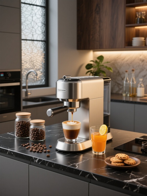 3D渲染风格的现代厨房场景，柔和的侧光源营造出温馨舒适的氛围，整体色调以灰色、深棕和暖金色为主，具有高度写实的材质表现和细腻的光影质感。画面中央是一台造型简约的新型意式咖啡机，机身线条流畅，表面光滑有金属光泽，正往玻璃杯中注入棕褐色的咖啡液。咖啡机周围的黑色大理石台面上摆放着一杯顶部有拉花的卡布奇诺、一杯透明玻璃杯装的橙色饮料（杯口有柠檬片）、散落的咖啡豆、两个装满咖啡豆的玻璃罐，以及一个小托……预览效果