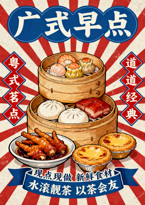 广式早茶复古国潮手绘卡通风格海报，画面中心是堆叠的竹制蒸笼，里面依次是虾饺、干蒸烧卖、叉烧包，下方是豉汁凤爪和蛋挞。背景是红白放射状纹理，左右两侧用红色菱形框竖排写着“粤式茗点”和“道道经典”。顶部是预览效果