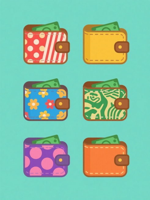 六个相同的卡通风格钱包图标系列，每个钱包保持相同的棕色皮革轮廓、黄色主体、缝线细节和露出的绿色钞票元素，采用规整的网格排布，每个钱包拥有完全不同的花纹设计（分别为波点、条纹、几何图形、花卉、动物纹理、抽象图案），每个钱包主体颜色各不相同且鲜明（如红色、蓝色、绿色、紫色、粉色、橙色），所有钱包图标均置于纯色背景上，整体保持简洁的扁平化卡通风格，线条清晰，色彩明快，适合作为系列素材使用。预览效果