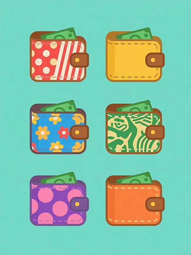 六个相同的卡通风格钱包图标系列，每个钱包保持相同的棕色皮革轮廓、黄色主体、缝线细节和露出的绿色钞票元素，采用规整的网格排布，每个钱包拥有完全不同的花纹设计（分别为波点、条纹、几何图形、花卉、动物纹理、抽象图案），每个钱包主体颜色各不相同且鲜明（如红色、蓝色、绿色、紫色、粉色、橙色），所有钱包图标均置于纯色背景上，整体保持简洁的扁平化卡通风格，线条清晰，色彩明快，适合作为系列素材使用。