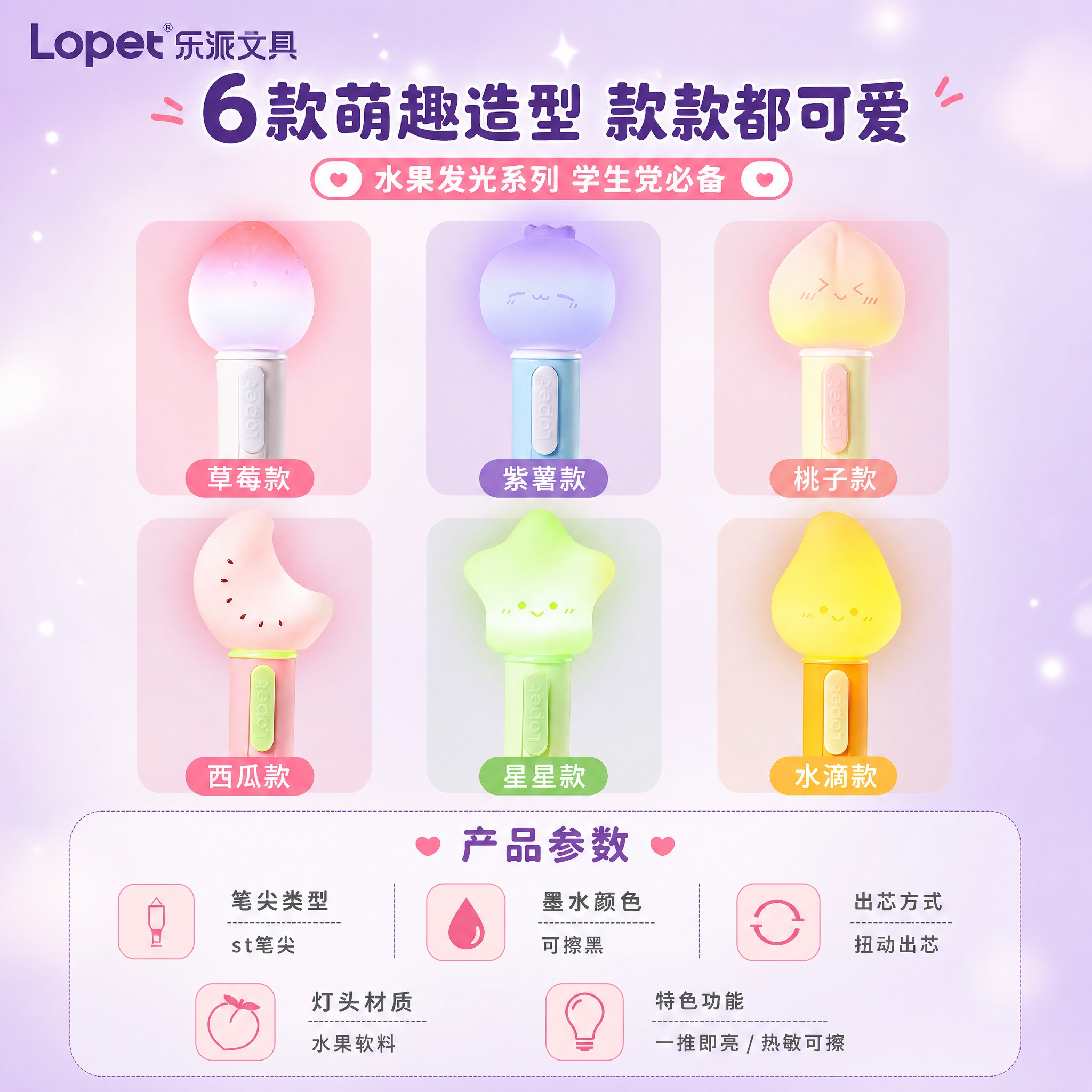 [主图-5] 款式规格图，展示6款水果造型发光笔的款式矩阵和产… - 图片创意预览