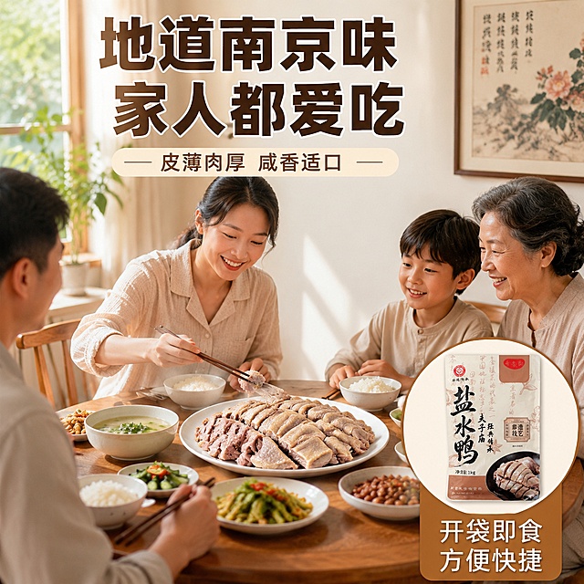 电商主图第四张，南京盐水鸭家庭食用场景。画面是温馨的家庭餐桌场景，圆形木桌上摆着一盘切好的盐水鸭（满满一大盘，分量十足），旁边有米饭、一小碗汤、几碟小菜。一位穿着家居服的女性（亚洲面孔，自然亲切）正微笑着用公筷给家人夹鸭肉，手部动作自然。背景是明亮的餐厅，白色墙面挂着中式装饰画，窗外透进柔和的午后阳光。画面上方大字主标题'地道南京味 家人都爱吃'（粗黑体，深棕色），下方小字'皮薄肉厚 咸香适口'。右下角画中画小圆形窗口展示真空包装产品图（奇芳阁盐水鸭包装袋，与参考图一致），旁边标注'开袋即食 方便快捷'。整体暖色调，自然光柔和，生活气息浓厚。1:1正方形比例，超高清生活方式摄影质感，文字清晰。保持产品包装与鸭肉外观与参考图一致。