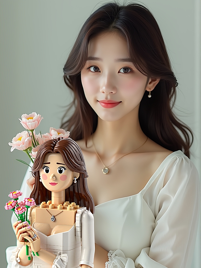 甜美清新插画风，拟人娃娃与花相伴，简约主义设计，尽显温柔浪漫。