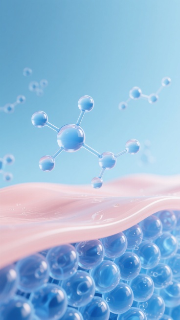 3D渲染风格的皮肤保湿科技概念图，纯净浅蓝色渐变背景，前景是半透明质感的浅粉色皮肤表层，皮肤下方是多层排列整齐、充满水分的透明蓝色细胞结构，细胞表面有细腻的光泽和反光效果，多个透明的蓝色分子结构漂浮在皮肤上方，分子由大小不一的球体通过纤细的连接管组成，整体光影柔和，光线从上方照射形成轻微的高光和阴影，营造出清新、水润、科技感十足的氛围，突出皮肤的水润饱满与深层保湿的科技原理，画面构图层次分明，……预览效果