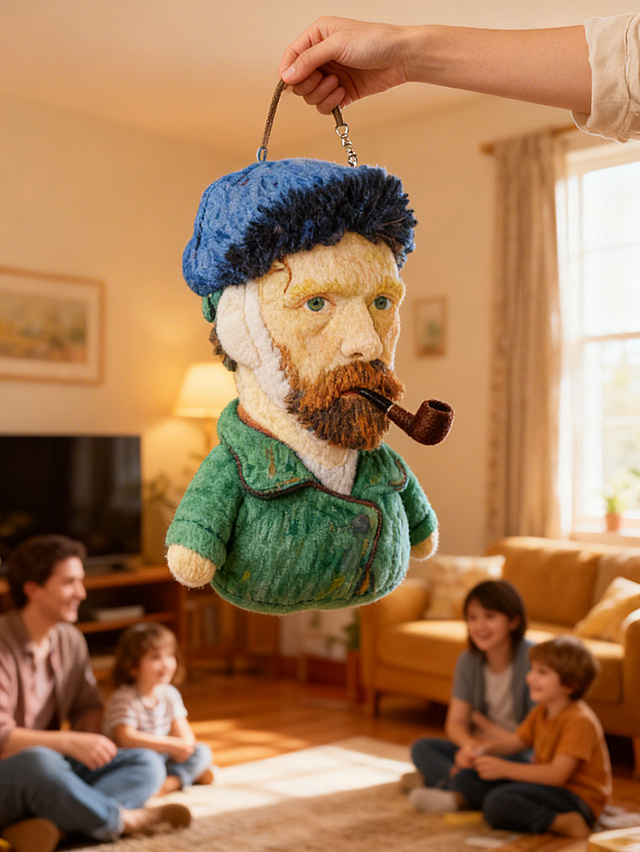 3D重拟物风毛绒玩偶，融合印象画派色彩与毛发生长质感，卡通化梵高形象，温暖家庭场景中传递趣味与温馨。