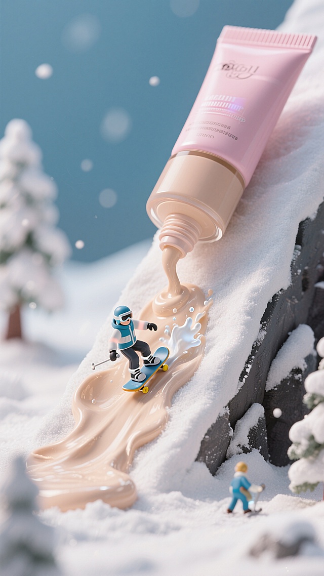 雪地上一管巨大的粉底液斜放在雪坡上，管口朝下，流出来的粉底液形成一个斜坡，一个迷你小人站在滑板上顺着粉底液往下滑