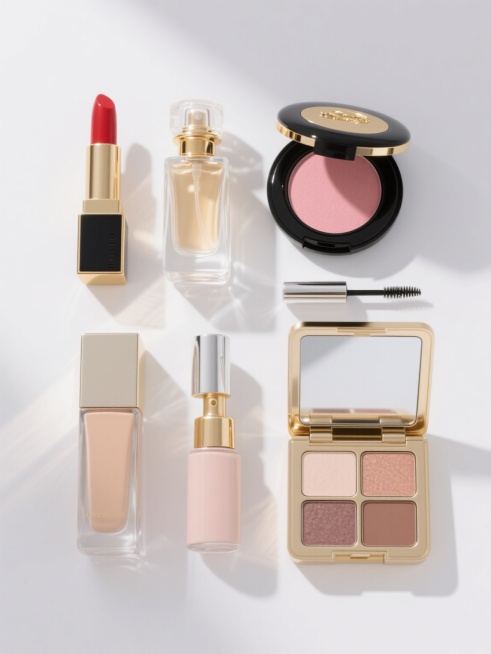 超写实3D渲染化妆品系列海报，纯白色背景，光线从左上方45度角照射，产生柔和高光与清晰阴影，物体表面光滑有金属质感与哑光对比，六个完全不同的化妆品元素呈2x3网格规整排布，包括：1. 红色膏体金色黑色外壳口红（如原图角度），2. 透明瓶身金色盖子的香水喷雾，3. 黑色圆形腮红盒配金色装饰与粉色腮红，4. 银色金属外壳带刷头的睫毛膏，5. 方形透明玻璃瓶身带金色按压泵的粉底液，6. 金色边框方形……预览效果