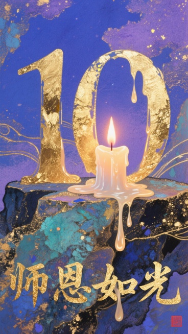 融化的蜡烛的烛油，慢慢汇聚成数字 “10”，背景是深邃而温柔的蓝紫色夜空，蓝色与紫色相互交融，过渡自然，在蜡烛下方，展开着烫金质感的艺术字体 “师恩如光”。字体的笔画粗壮有力，预览效果